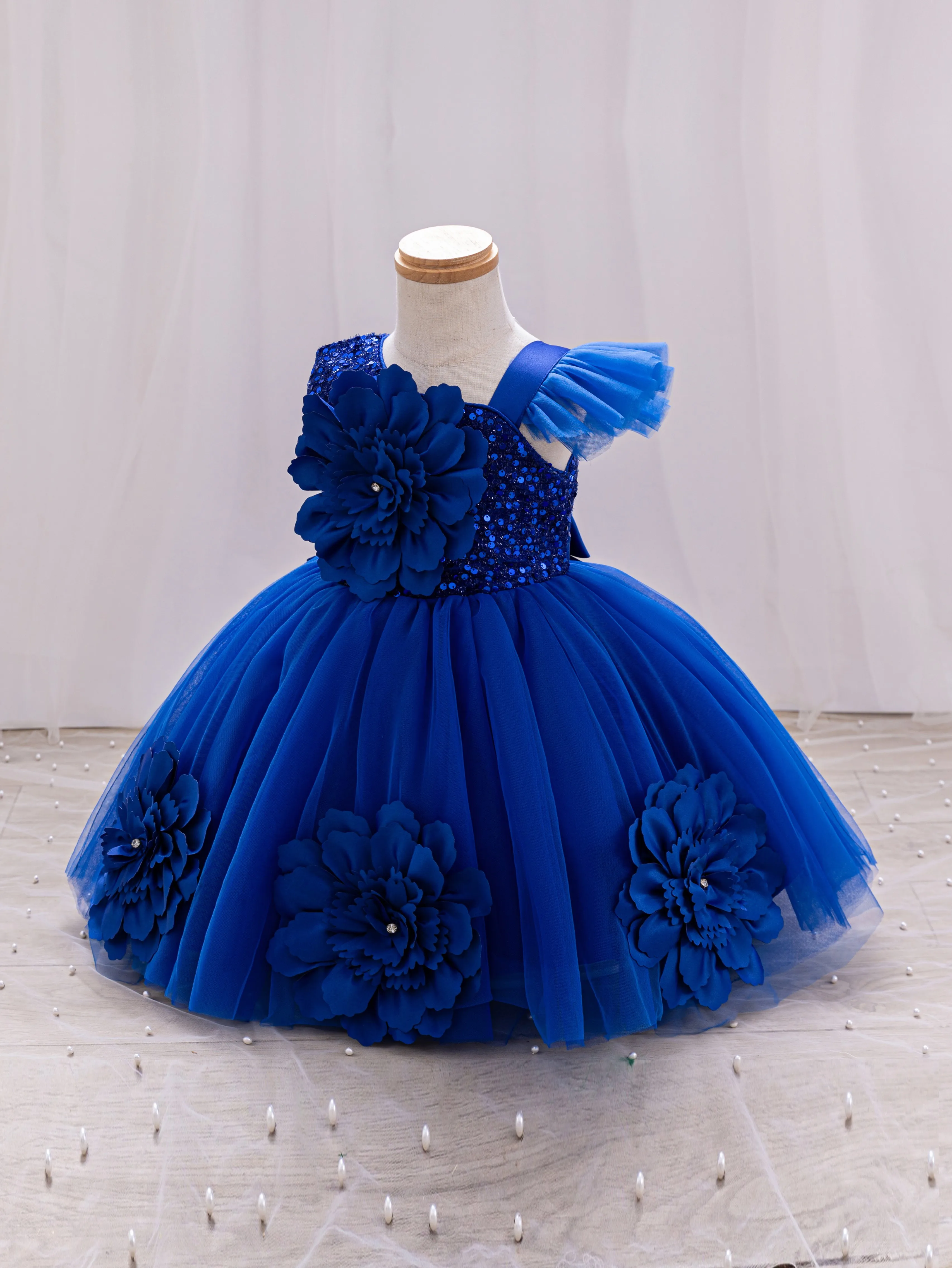 Elegant Girl Princess Dress Small Flying Sleeves Asymsymmetrical Straps Formal Occasion Girl Dress Sequin Wedding Dress Party Gi