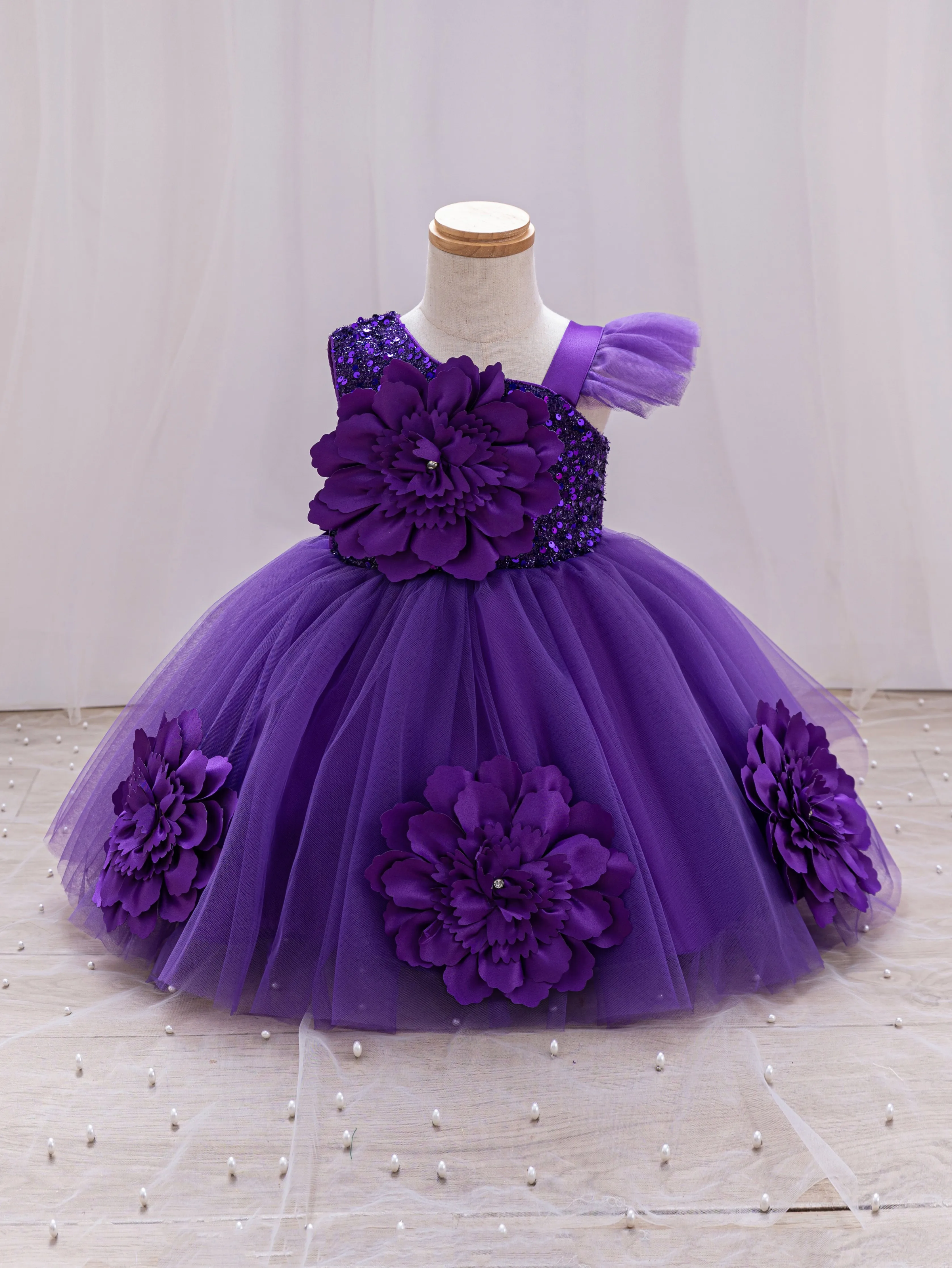 Elegant Girl Princess Dress Small Flying Sleeves Asymsymmetrical Straps Formal Occasion Girl Dress Sequin Wedding Dress Party Gi
