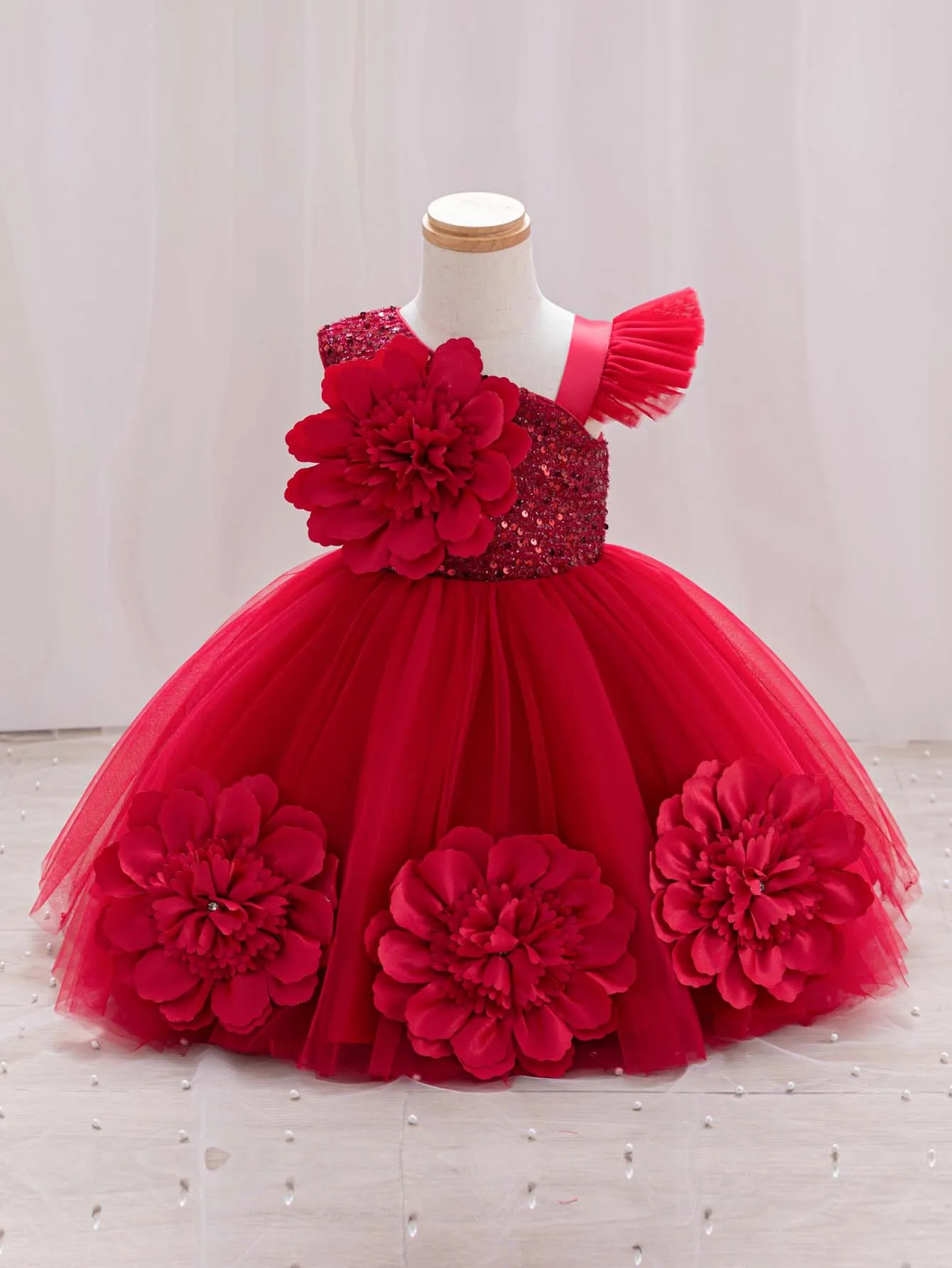 Elegant Girl Princess Dress Small Flying Sleeves Asymsymmetrical Straps Formal Occasion Girl Dress Sequin Wedding Dress Party Gi