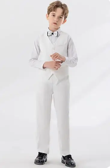 British Kids Summer White 3Pieces/Set Vest Pants Bowtie Photograph Suit Children Stage Performance Suit Boys Wedding Costume