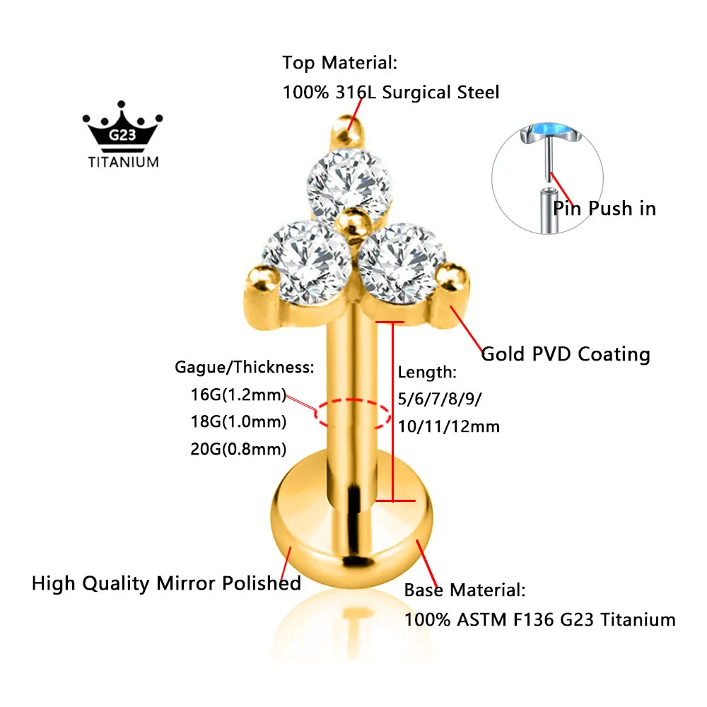 ASTM F136 G23 Titanium Flower Petals Threadless Piercing Daith Conch Tragus Flat Back Earring Pin Push in Lip Stud 16G 18G 20G