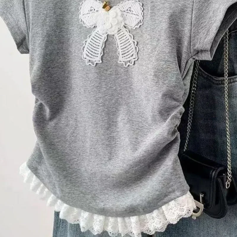 Fanan Retro Bow Lace Short Sleeved T-shirt Woman Y2K Round Neck Stitching Design Top Women Summer Korean Slim Fit Cropped Tees