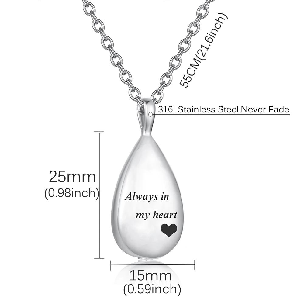Carved Teardrop Keepsake Ashes Necklace Urn Pendant Cremation Memorial Jewelry-Always in My Heart