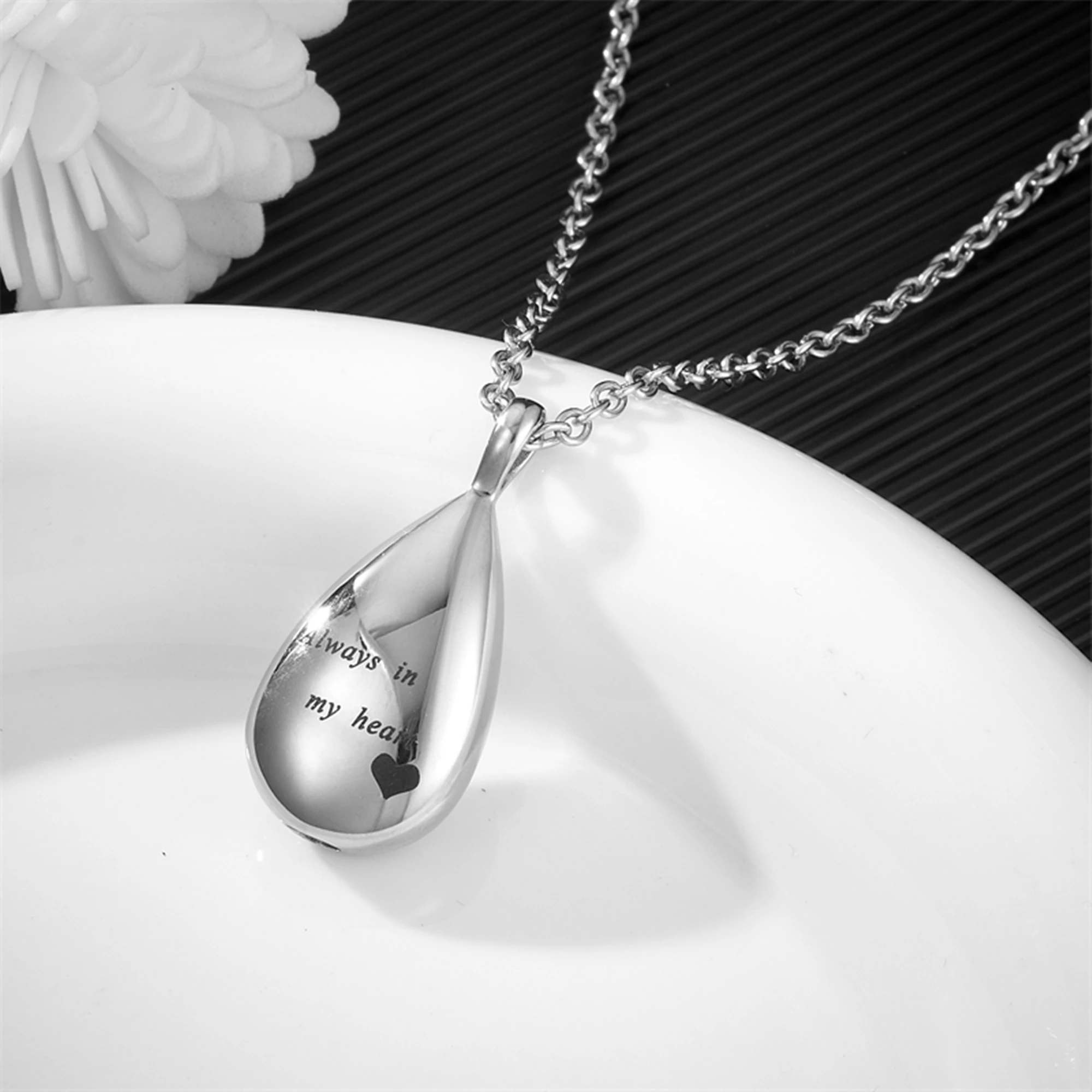 Carved Teardrop Keepsake Ashes Necklace Urn Pendant Cremation Memorial Jewelry-Always in My Heart