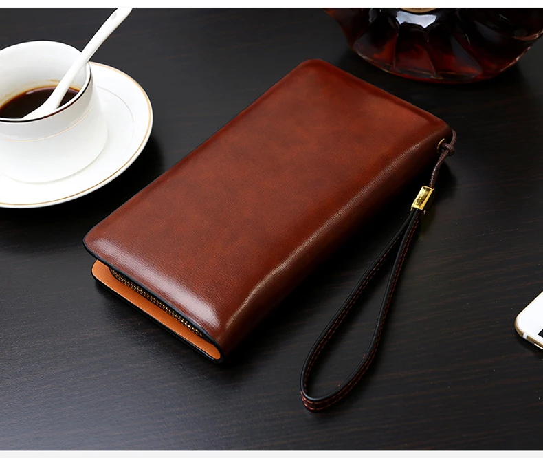 Vintage Men Clutch Bag Leather Long Purse Double Zipper Business Wallet For Husband Gift Black Brown Male Casual Handy Bags