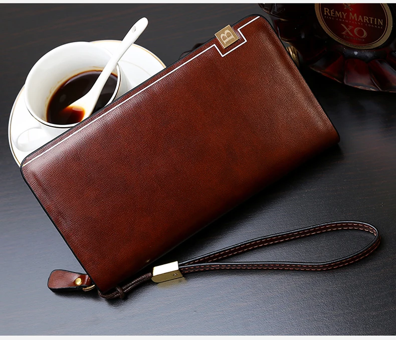 Vintage Men Clutch Bag Leather Long Purse Double Zipper Business Wallet For Husband Gift Black Brown Male Casual Handy Bags