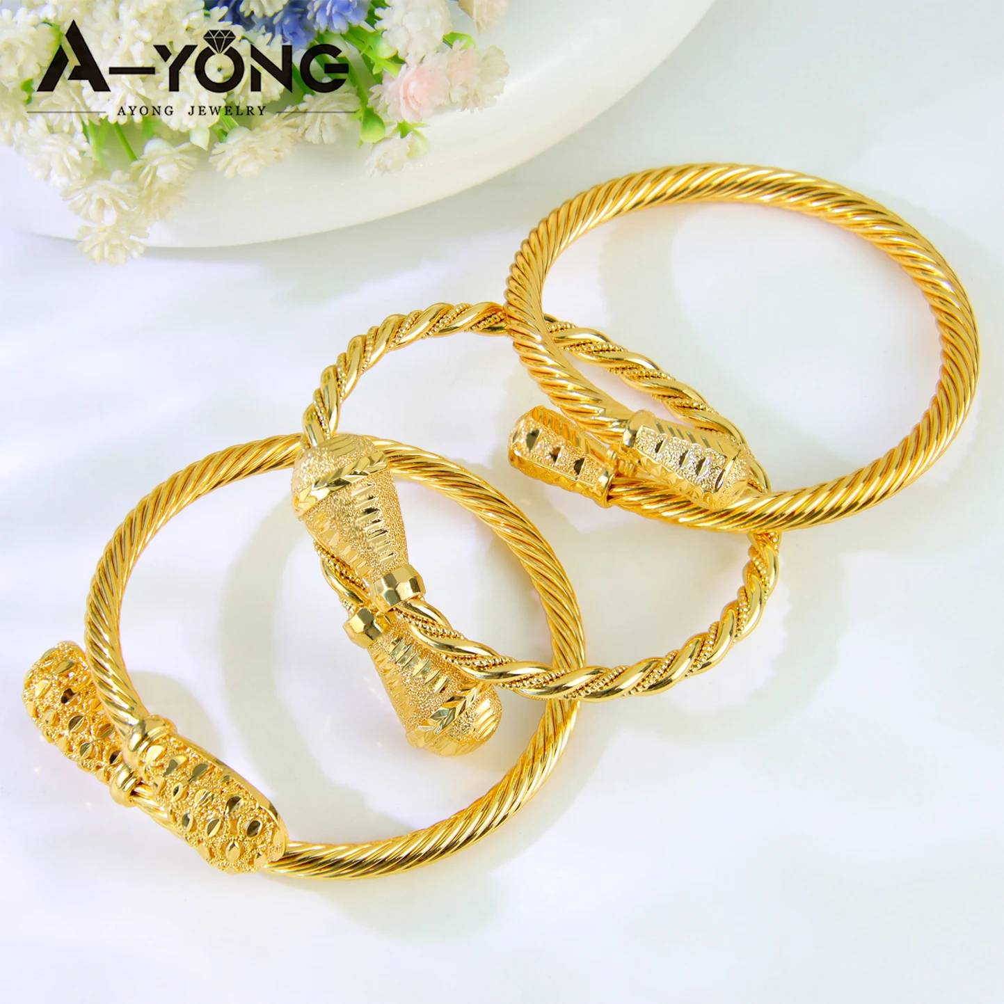 Dubai Gold Plated Cuff Bracelets 21k Gold Color Luxury Saudi Bridal Wedding Bangles Turkish Women Wedding Party Ramadan Jewelry