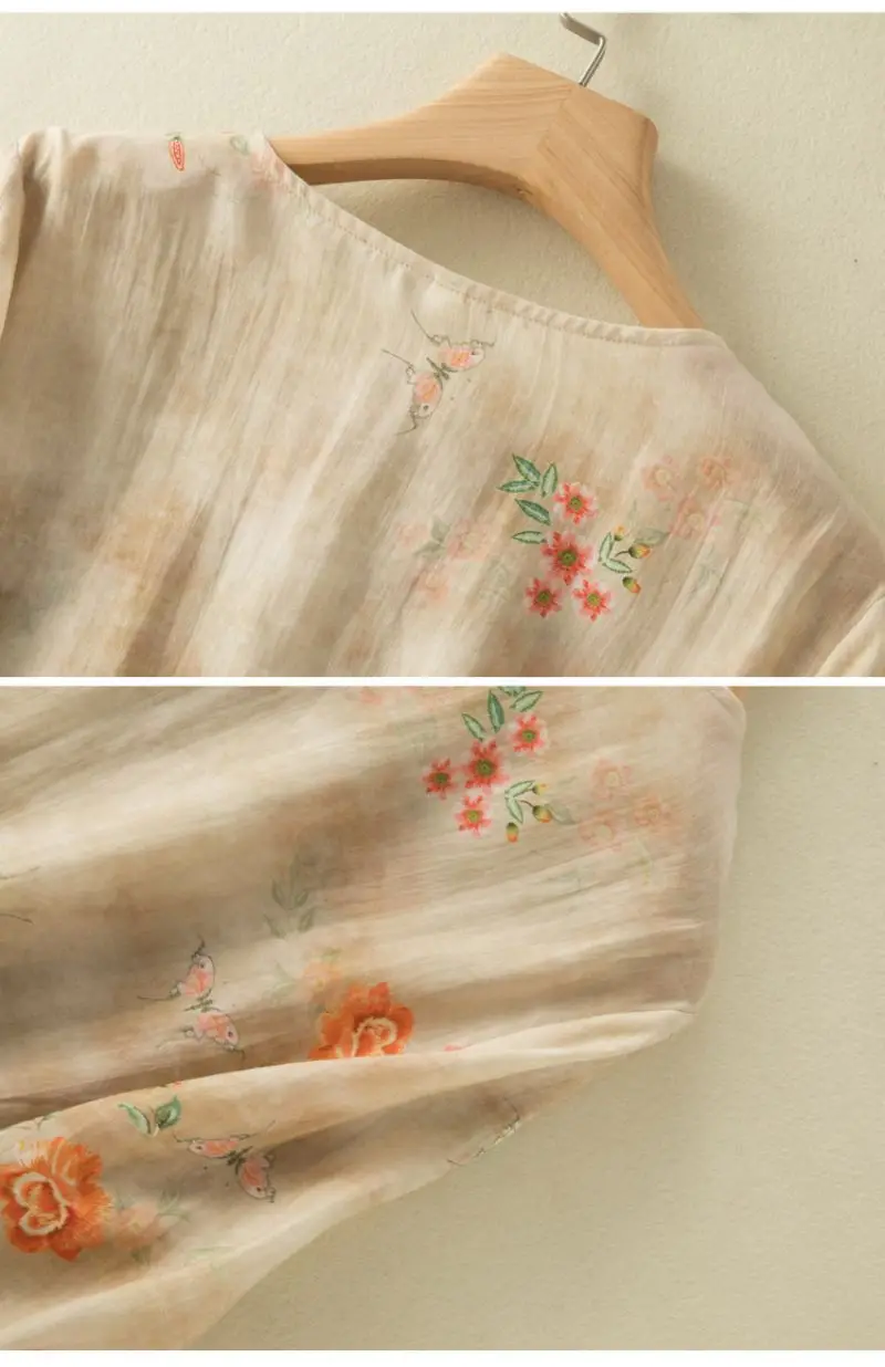 Chinese Style Apricot Floral Printing O-Neck Short Sleeve T-shirt Women's Blouse Shirt Korean Fashion Female Clothing Tops 2024