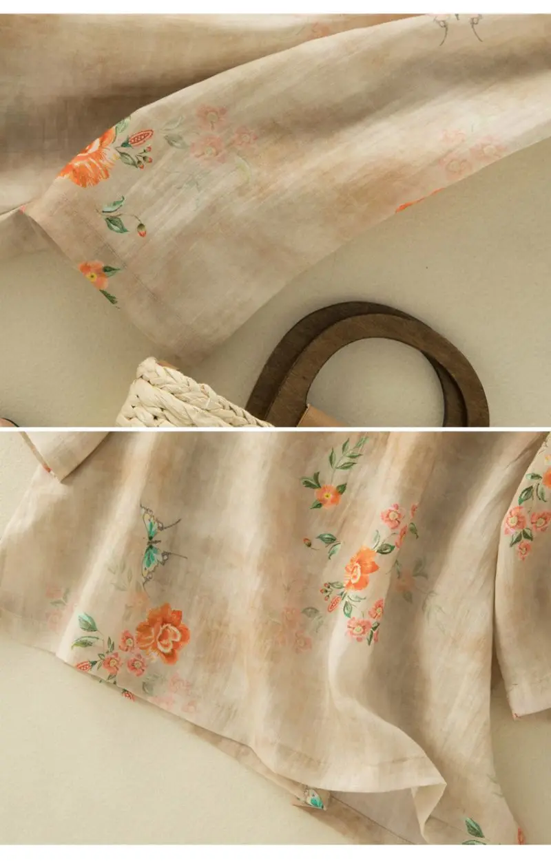 Chinese Style Apricot Floral Printing O-Neck Short Sleeve T-shirt Women's Blouse Shirt Korean Fashion Female Clothing Tops 2024