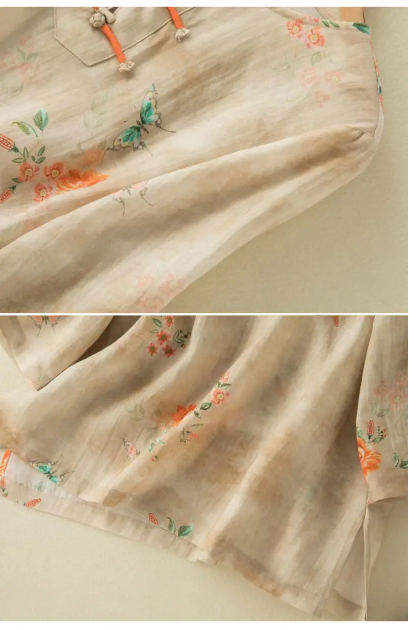 Chinese Style Apricot Floral Printing O-Neck Short Sleeve T-shirt Women's Blouse Shirt Korean Fashion Female Clothing Tops 2024