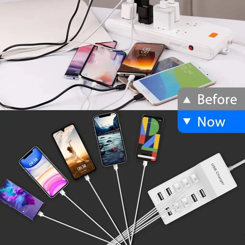 10 Ports USB Charger 50W Type C Hub Fast Charging Station for iPhone Samsung Xiaomi Huawei Tablet Multi Devices Extension Socket