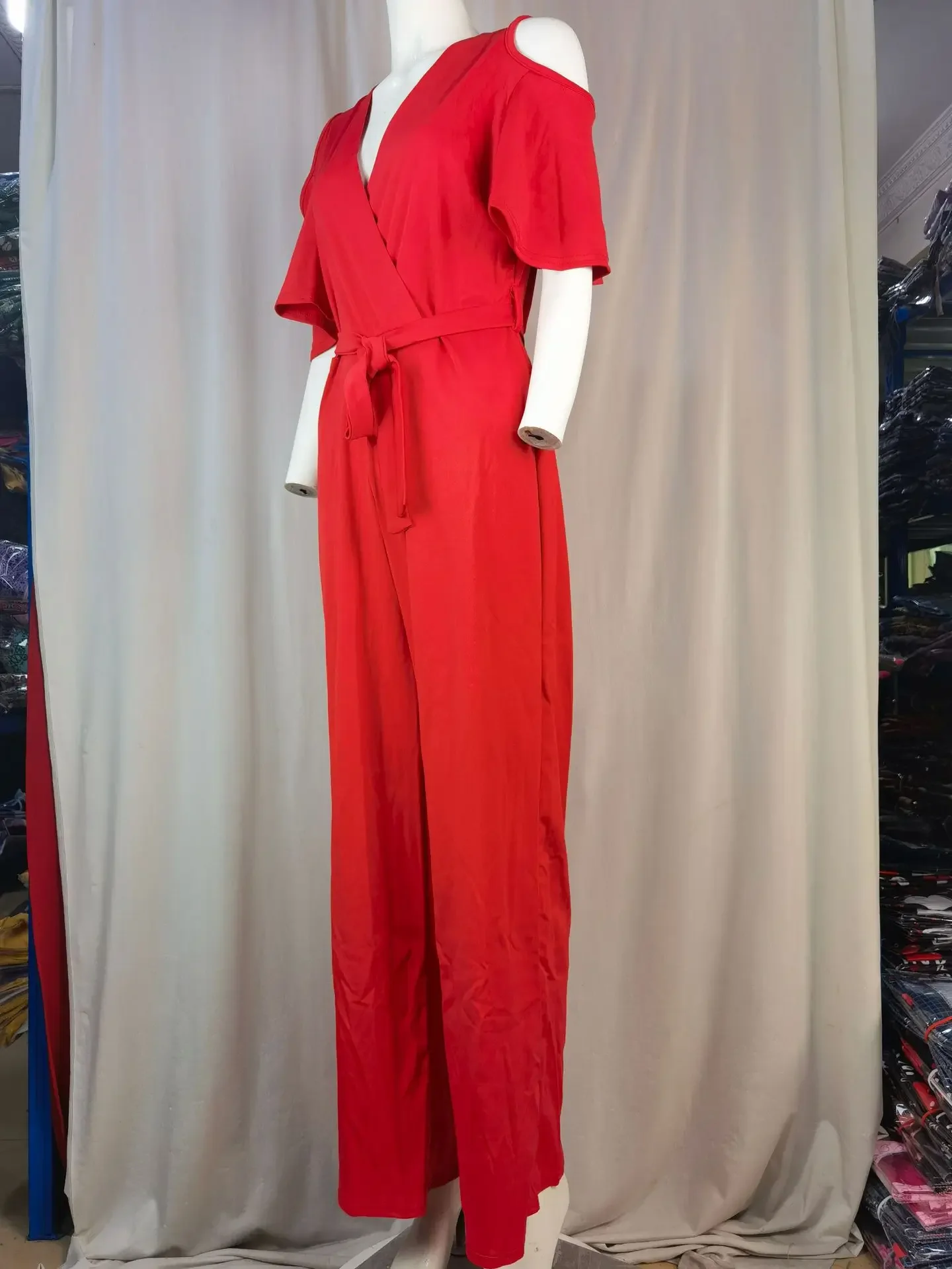 2024 Spring/Summer New Women's Plus Size Jumpsuit Loose Elastic V-neck Off Shoulder Waist Loose Wide Leg Pants Women's Wear