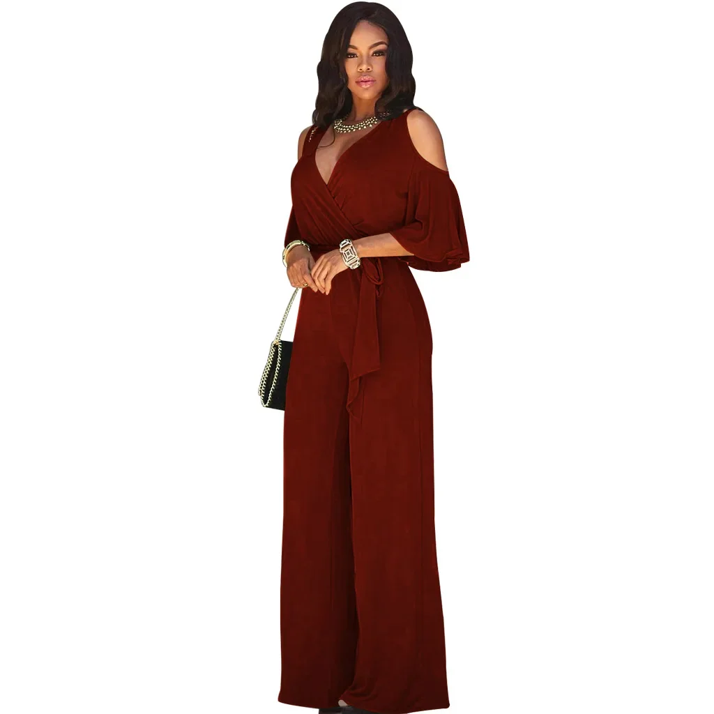 2024 Spring/Summer New Women's Plus Size Jumpsuit Loose Elastic V-neck Off Shoulder Waist Loose Wide Leg Pants Women's Wear