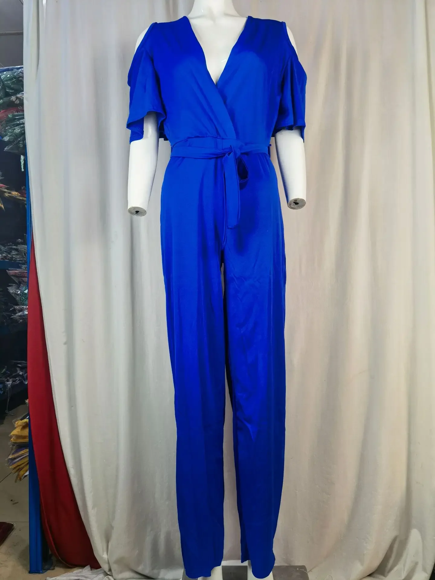 2024 Spring/Summer New Women's Plus Size Jumpsuit Loose Elastic V-neck Off Shoulder Waist Loose Wide Leg Pants Women's Wear