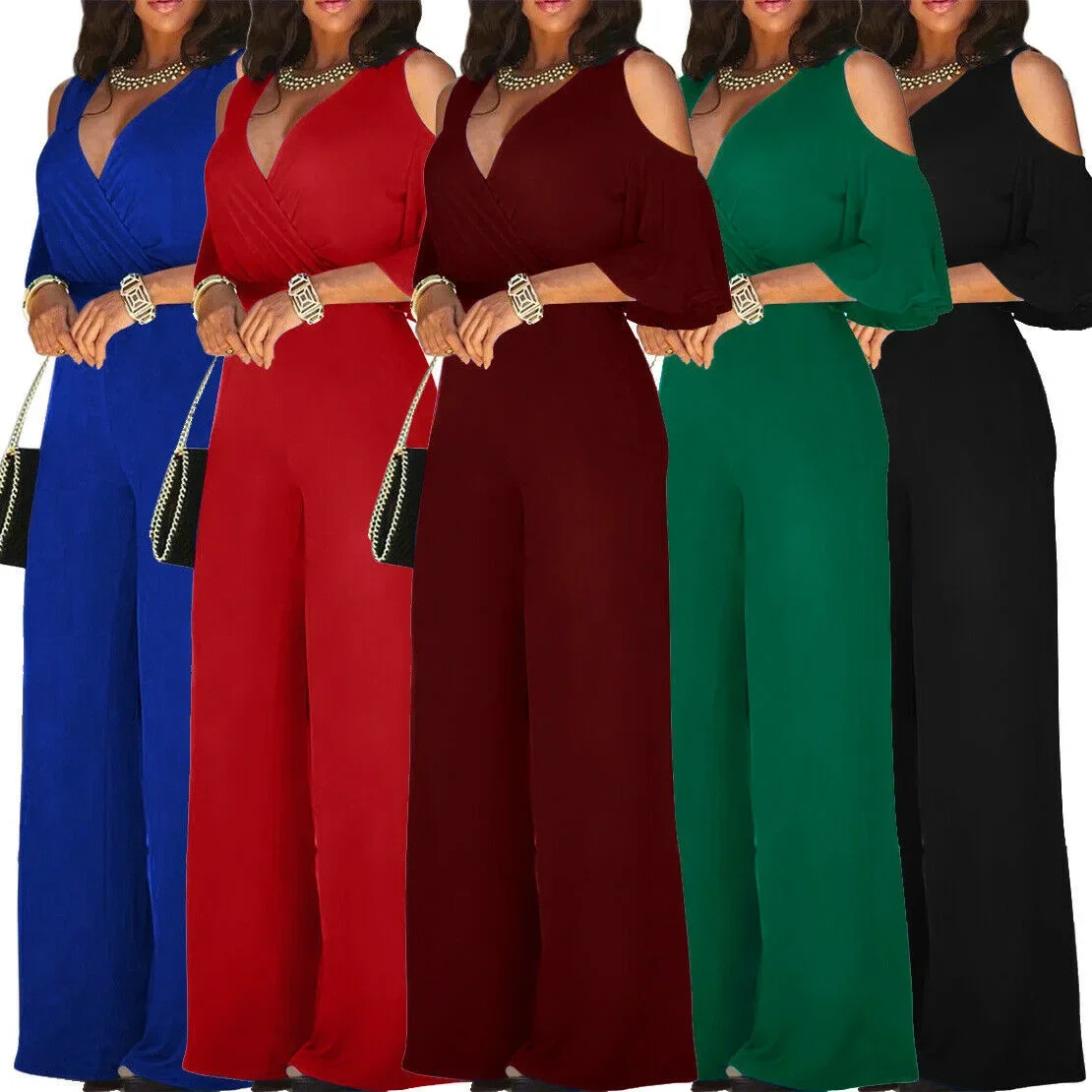 2024 Spring/Summer New Women's Plus Size Jumpsuit Loose Elastic V-neck Off Shoulder Waist Loose Wide Leg Pants Women's Wear