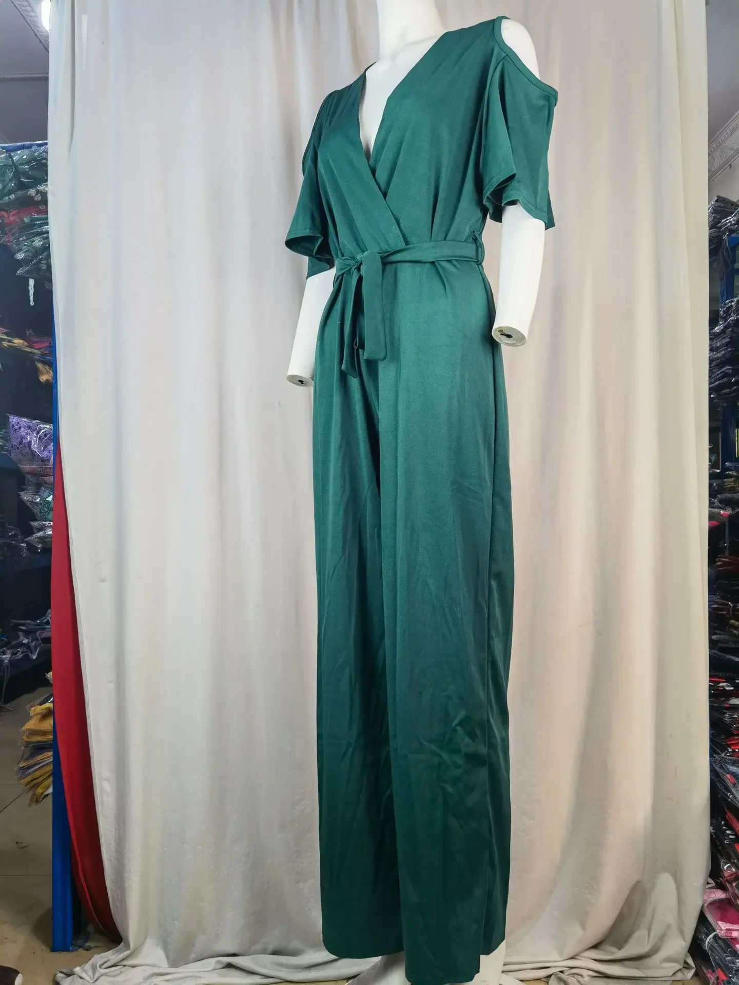 2024 Spring/Summer New Women's Plus Size Jumpsuit Loose Elastic V-neck Off Shoulder Waist Loose Wide Leg Pants Women's Wear