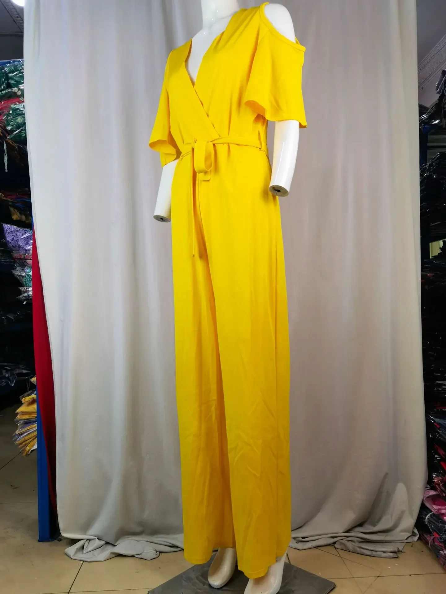 2024 Spring/Summer New Women's Plus Size Jumpsuit Loose Elastic V-neck Off Shoulder Waist Loose Wide Leg Pants Women's Wear