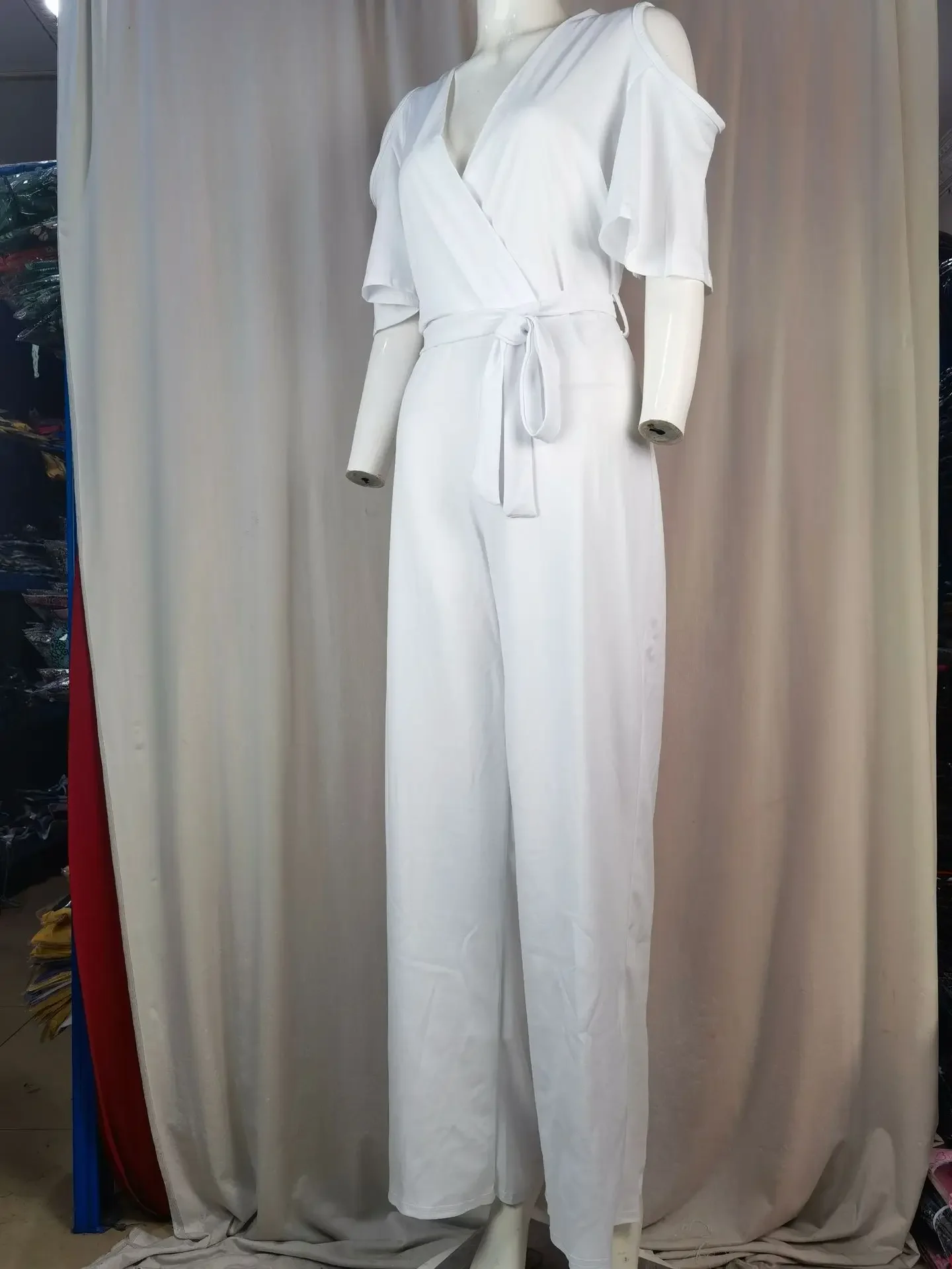 2024 Spring/Summer New Women's Plus Size Jumpsuit Loose Elastic V-neck Off Shoulder Waist Loose Wide Leg Pants Women's Wear