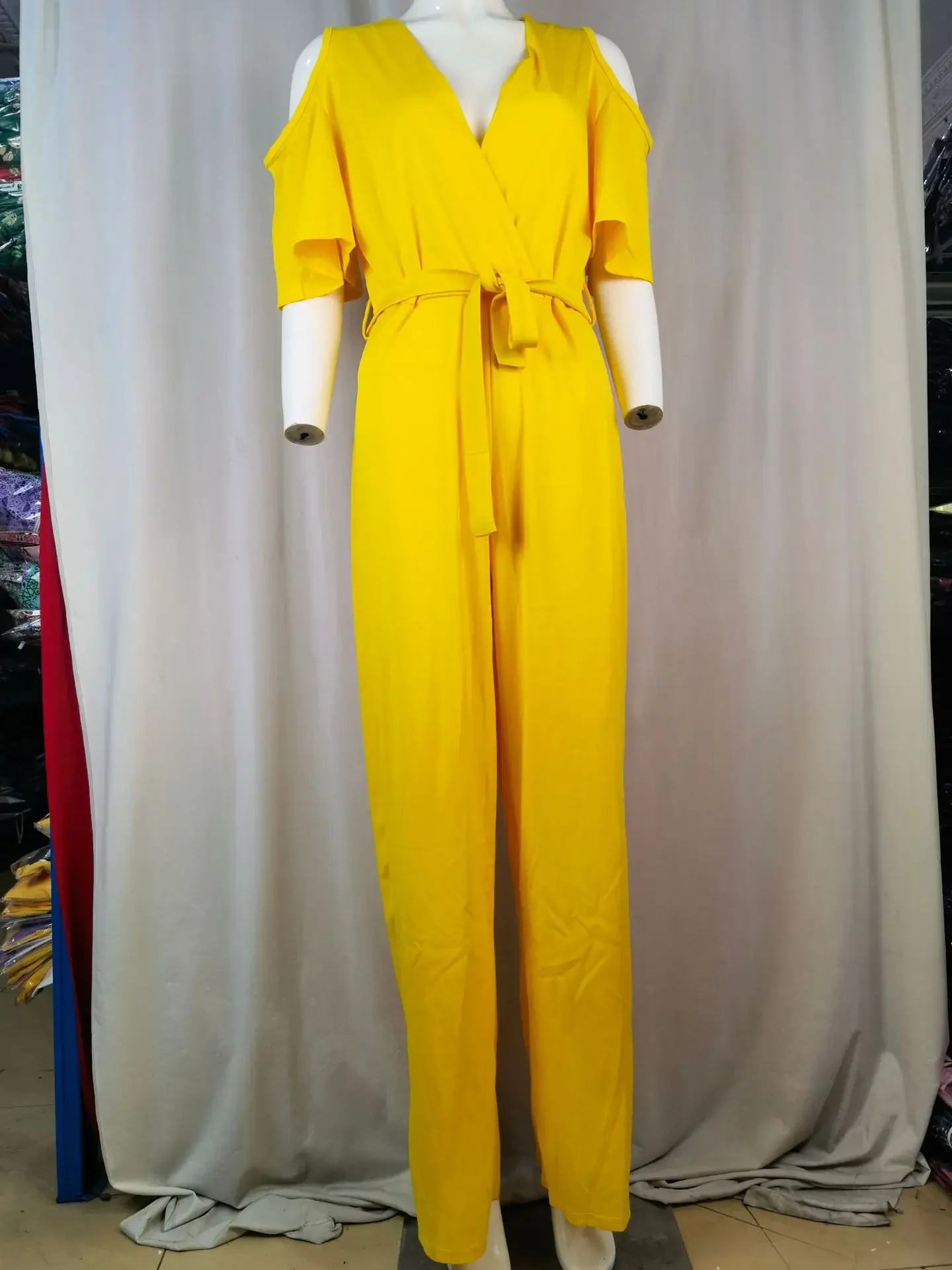 2024 Spring/Summer New Women's Plus Size Jumpsuit Loose Elastic V-neck Off Shoulder Waist Loose Wide Leg Pants Women's Wear