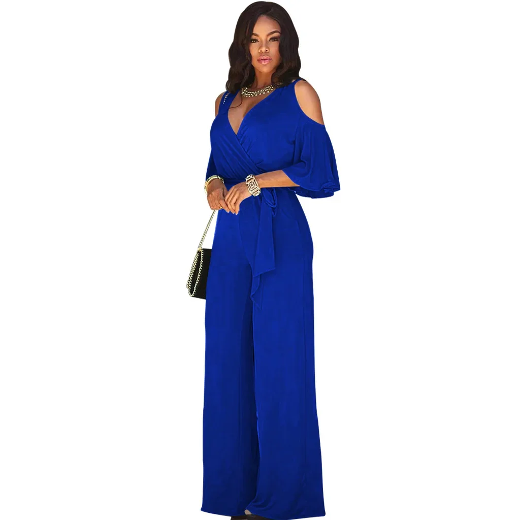 2024 Spring/Summer New Women's Plus Size Jumpsuit Loose Elastic V-neck Off Shoulder Waist Loose Wide Leg Pants Women's Wear