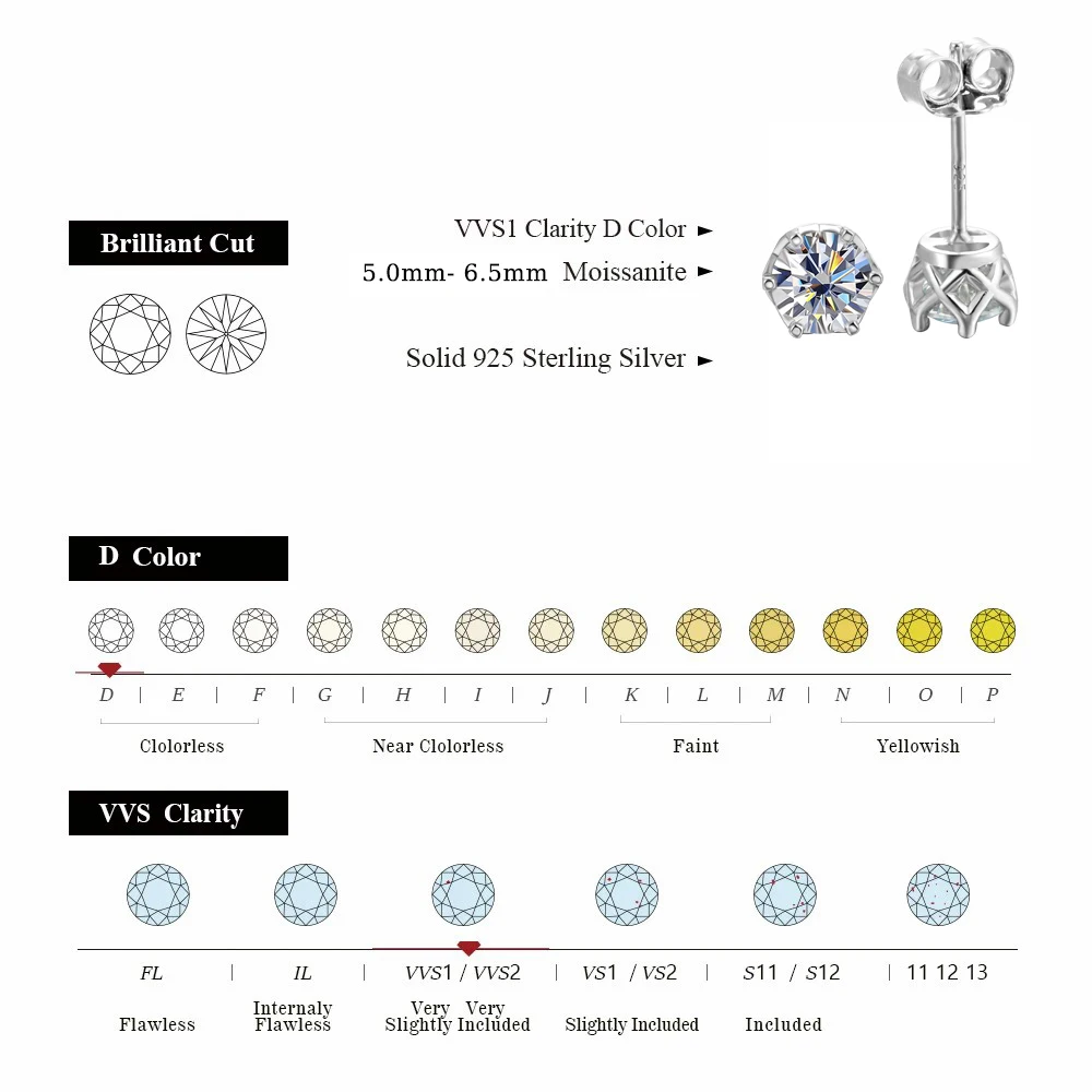 DOTEFFIL 0.5-1 Carat D Color Moissanite Stud Earrings For Women Top Quality 100% 925 Sterling Silver Sparkling Wedding Jewelry
