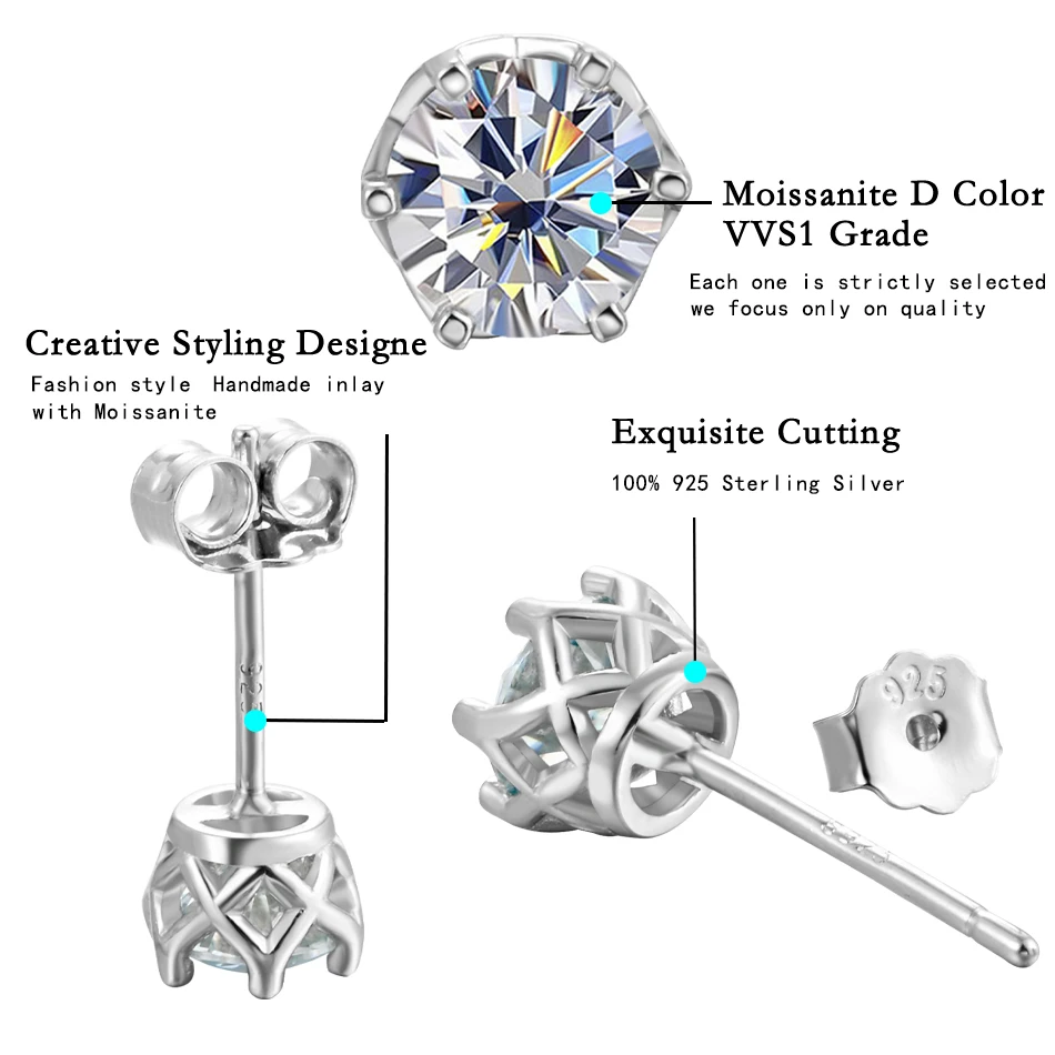 DOTEFFIL 0.5-1 Carat D Color Moissanite Stud Earrings For Women Top Quality 100% 925 Sterling Silver Sparkling Wedding Jewelry