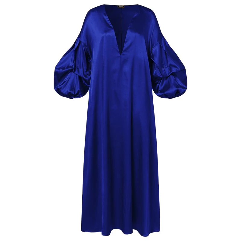 VONDA Women Summer Party Dress 2024 Elegant Lantern Sleeve Solid Satin Evening Sundress Casual Loose V-Neck Bohemian Maxi Robe