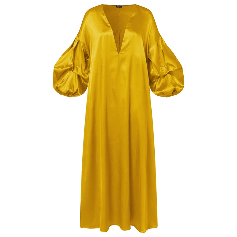 VONDA Women Summer Party Dress 2024 Elegant Lantern Sleeve Solid Satin Evening Sundress Casual Loose V-Neck Bohemian Maxi Robe
