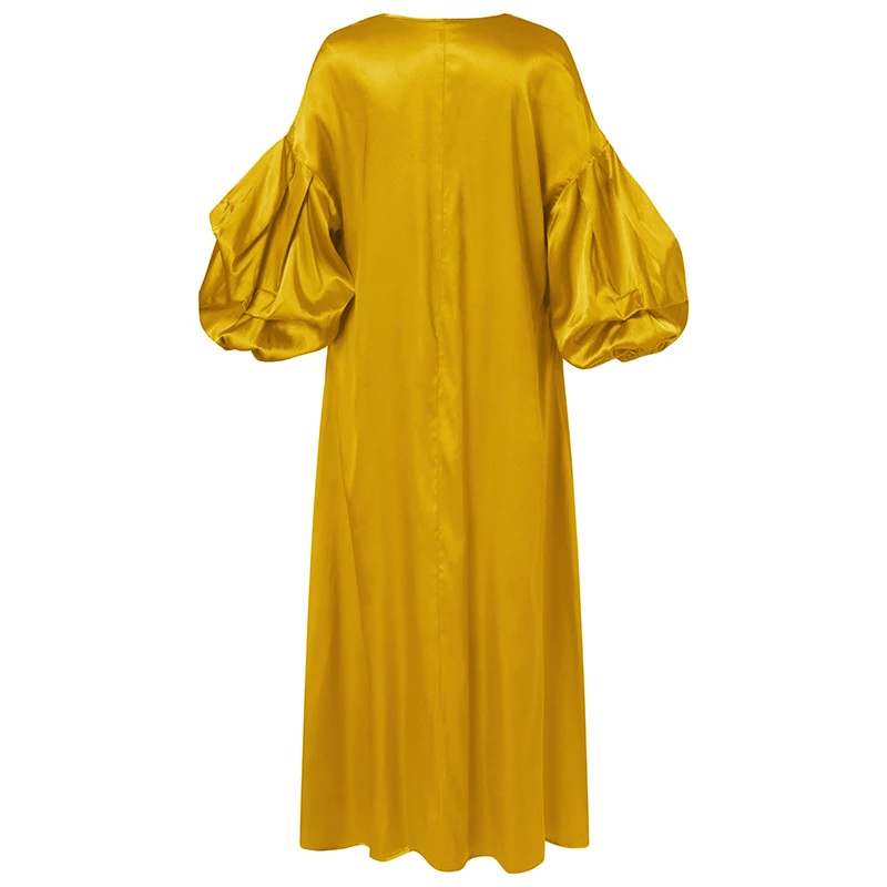 VONDA Women Summer Party Dress 2024 Elegant Lantern Sleeve Solid Satin Evening Sundress Casual Loose V-Neck Bohemian Maxi Robe