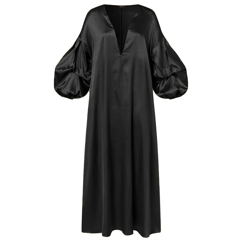 VONDA Women Summer Party Dress 2024 Elegant Lantern Sleeve Solid Satin Evening Sundress Casual Loose V-Neck Bohemian Maxi Robe