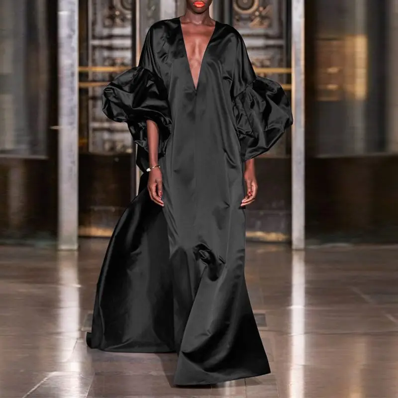 VONDA Women Summer Party Dress 2024 Elegant Lantern Sleeve Solid Satin Evening Sundress Casual Loose V-Neck Bohemian Maxi Robe