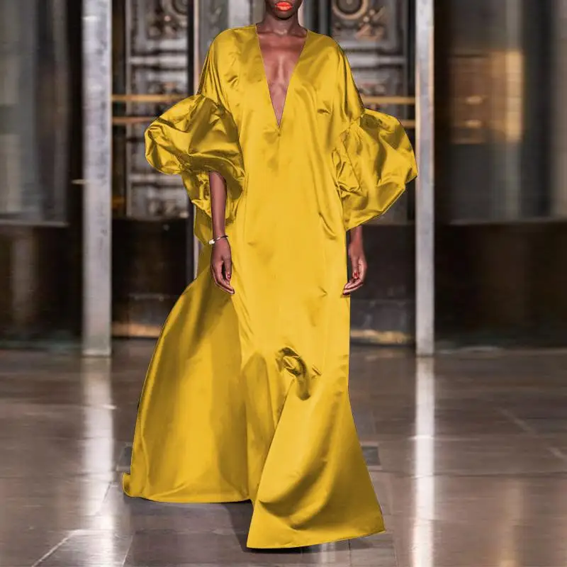 VONDA Women Summer Party Dress 2024 Elegant Lantern Sleeve Solid Satin Evening Sundress Casual Loose V-Neck Bohemian Maxi Robe