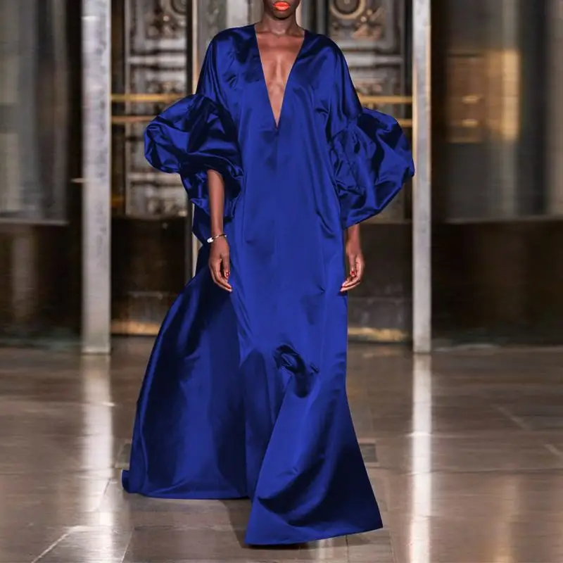 VONDA Women Summer Party Dress 2024 Elegant Lantern Sleeve Solid Satin Evening Sundress Casual Loose V-Neck Bohemian Maxi Robe