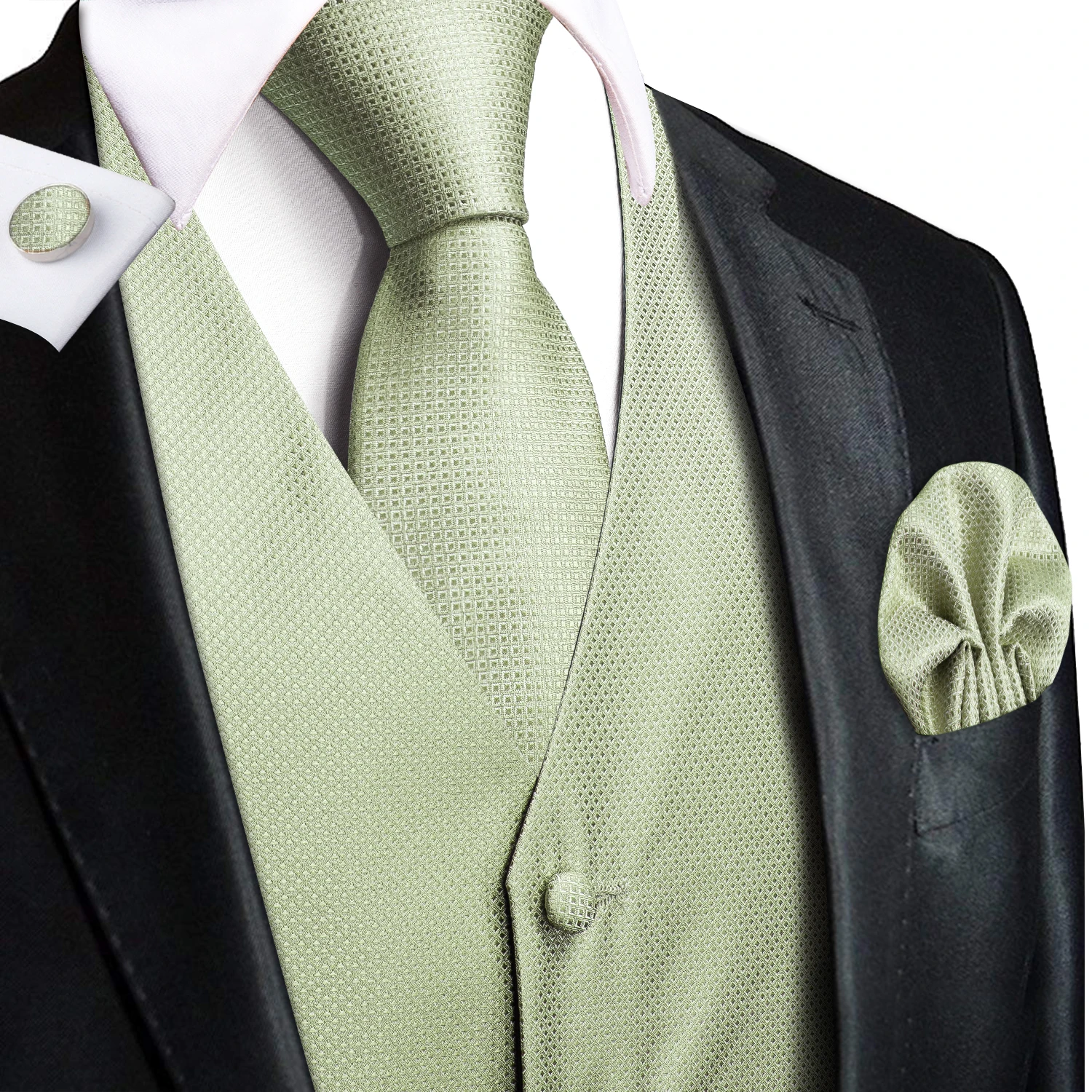 Sage Green Solid Floral Mens Suit Vests 4PC Woven Blue Waistcoat Tie Pocket Square Cufflinks Business Wedding Dress Waist Jacket