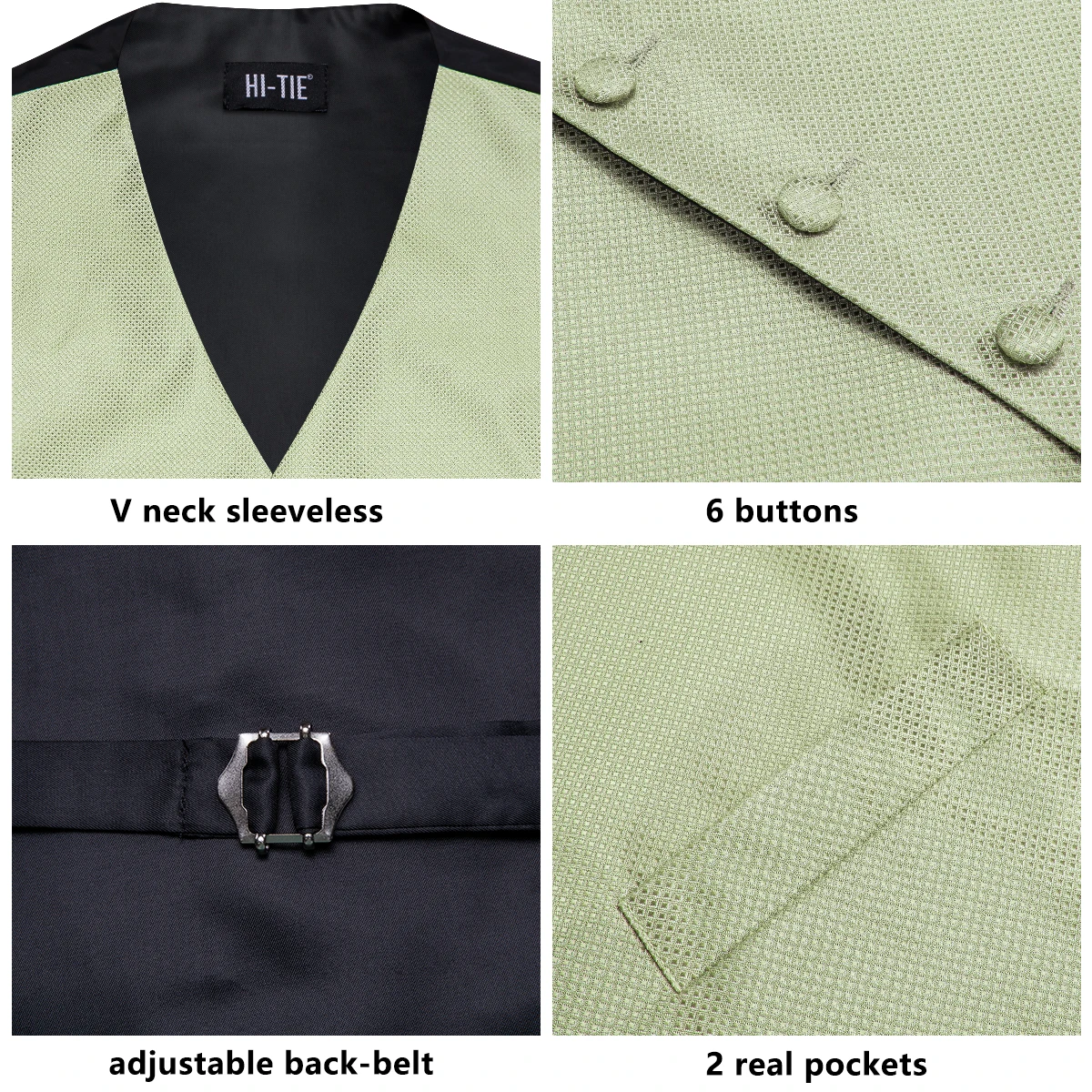 Sage Green Solid Floral Mens Suit Vests 4PC Woven Blue Waistcoat Tie Pocket Square Cufflinks Business Wedding Dress Waist Jacket
