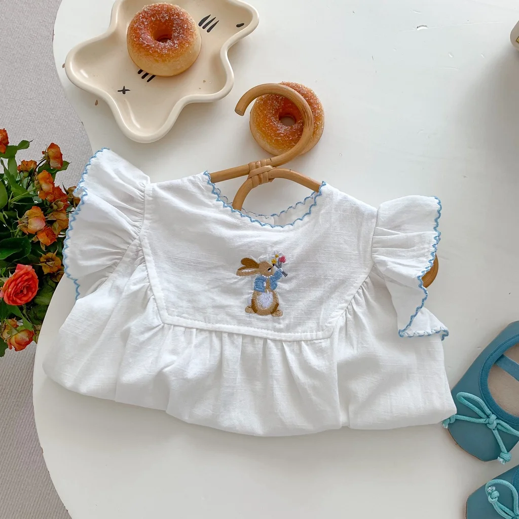 Summer Baby Girls Romper White Short Sleeve Rabbit Cotton Baby Jumpsuit Baby Bodysuit 0-24 Months