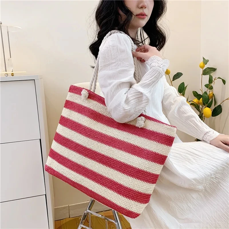 Ladies Summer Daily Bag Straw Shoulder Bag Trendy Color Contrast Beach Handbag Women Large Capacity Simple Shoulder Bag