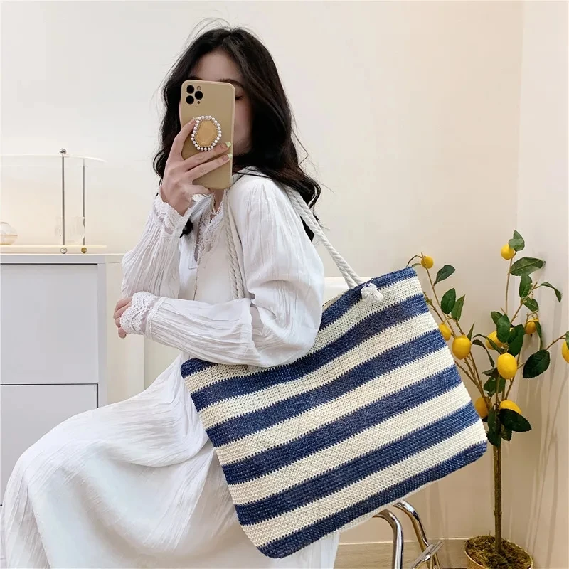 Ladies Summer Daily Bag Straw Shoulder Bag Trendy Color Contrast Beach Handbag Women Large Capacity Simple Shoulder Bag