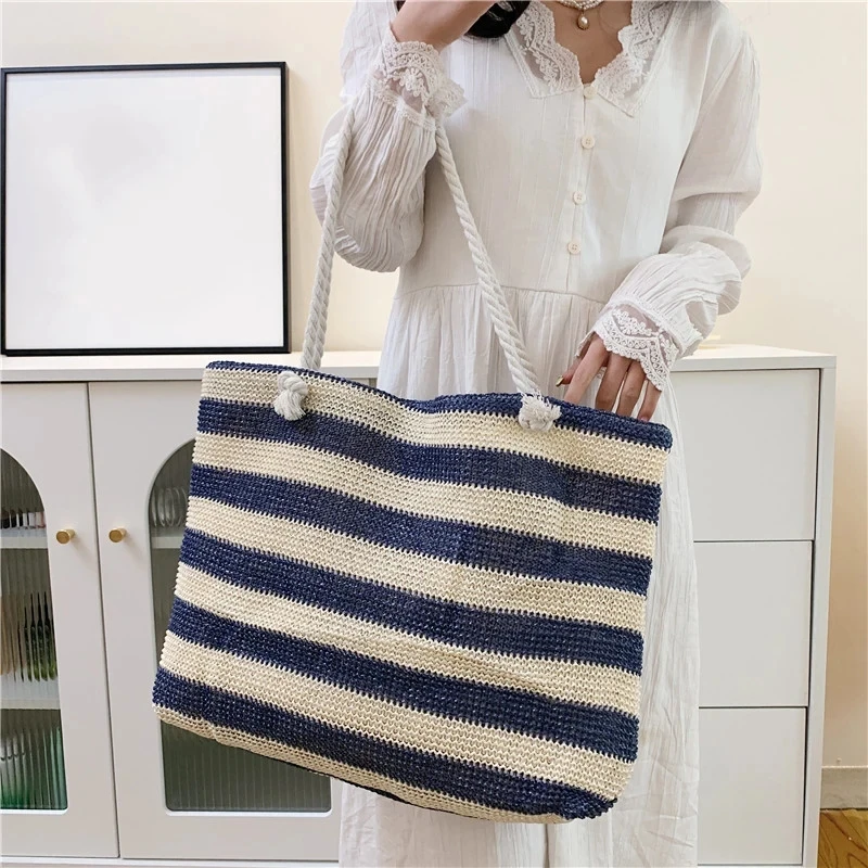 Ladies Summer Daily Bag Straw Shoulder Bag Trendy Color Contrast Beach Handbag Women Large Capacity Simple Shoulder Bag