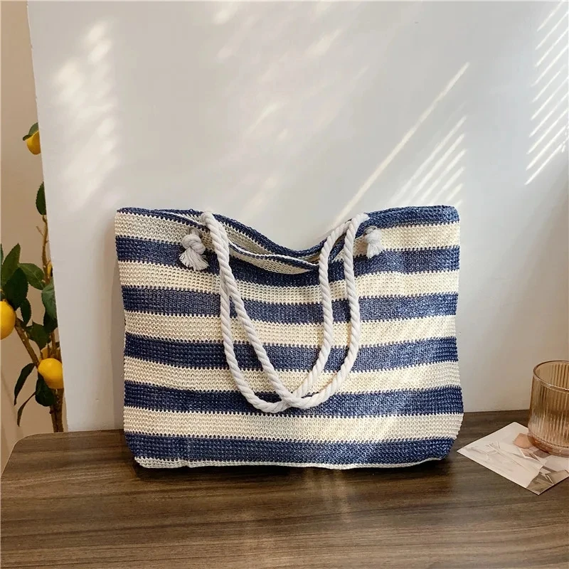 Ladies Summer Daily Bag Straw Shoulder Bag Trendy Color Contrast Beach Handbag Women Large Capacity Simple Shoulder Bag