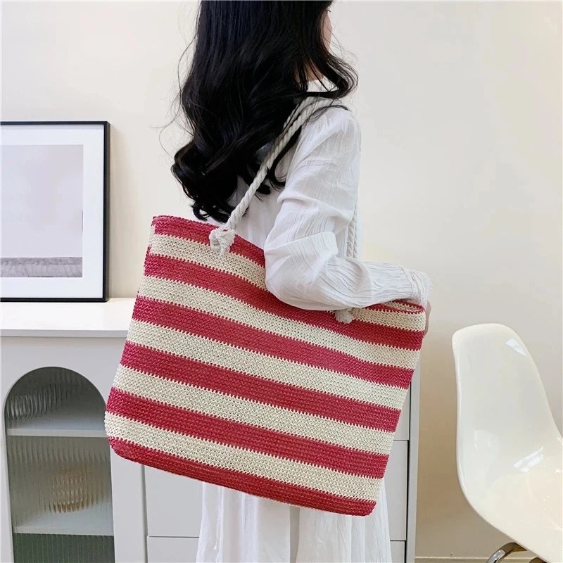 Ladies Summer Daily Bag Straw Shoulder Bag Trendy Color Contrast Beach Handbag Women Large Capacity Simple Shoulder Bag