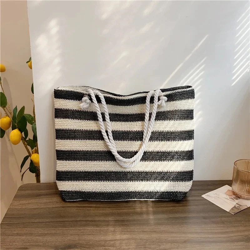 Ladies Summer Daily Bag Straw Shoulder Bag Trendy Color Contrast Beach Handbag Women Large Capacity Simple Shoulder Bag