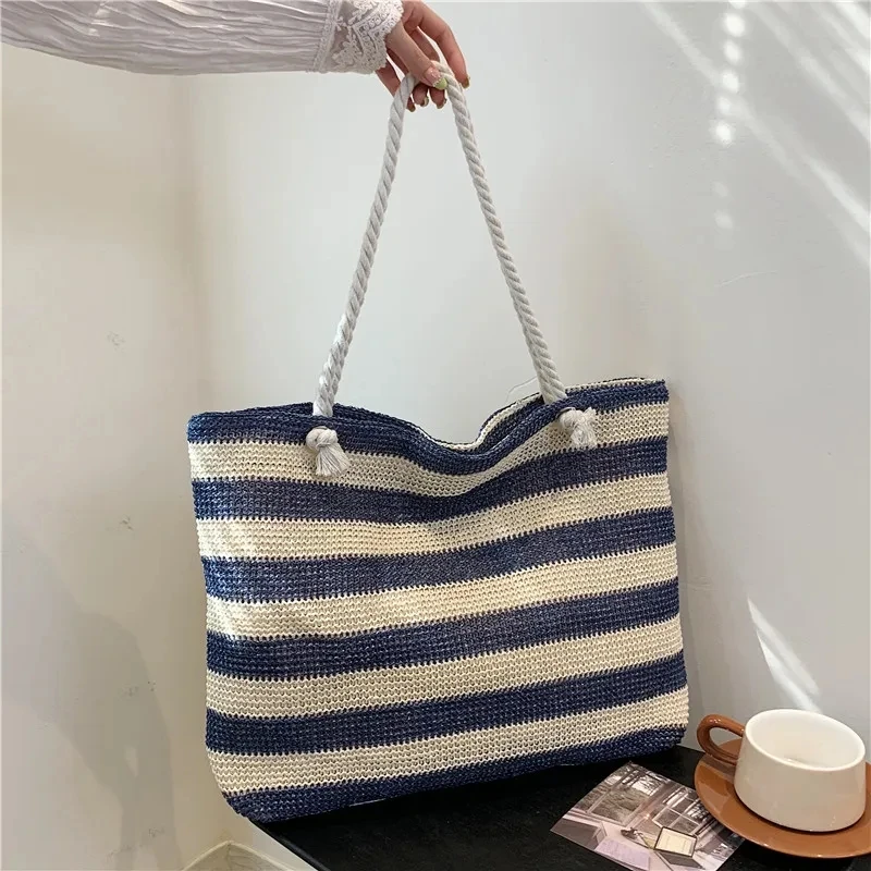 Ladies Summer Daily Bag Straw Shoulder Bag Trendy Color Contrast Beach Handbag Women Large Capacity Simple Shoulder Bag