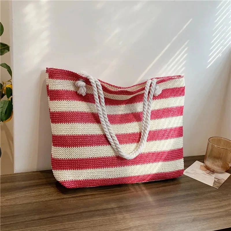 Ladies Summer Daily Bag Straw Shoulder Bag Trendy Color Contrast Beach Handbag Women Large Capacity Simple Shoulder Bag