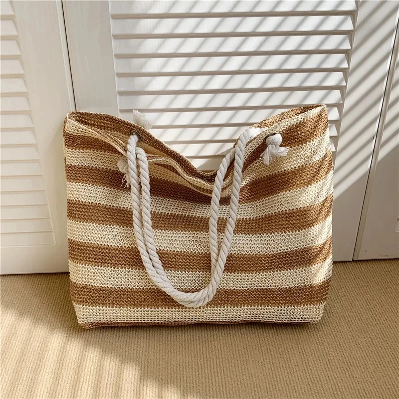 Ladies Summer Daily Bag Straw Shoulder Bag Trendy Color Contrast Beach Handbag Women Large Capacity Simple Shoulder Bag