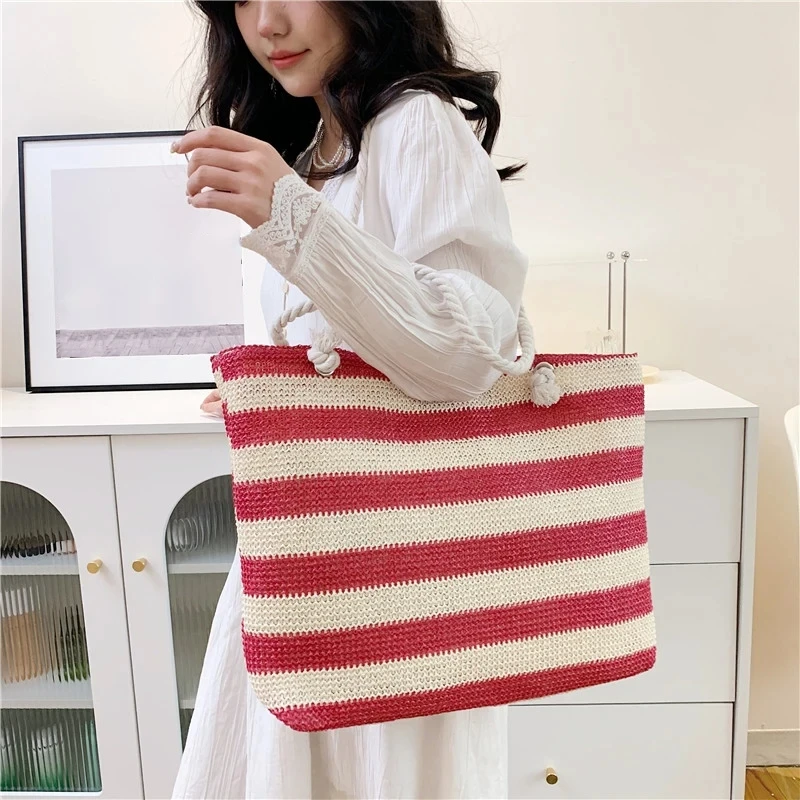 Ladies Summer Daily Bag Straw Shoulder Bag Trendy Color Contrast Beach Handbag Women Large Capacity Simple Shoulder Bag