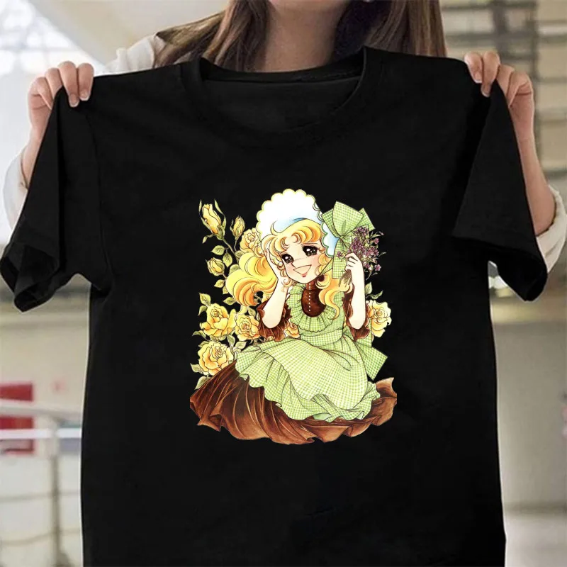 Kawaii Anime Candy Candy T-shirt Women Summer Short Sleeve Cute Black T-shirt Printed Harajuku Tshirt Graphic Tops Tee Female
