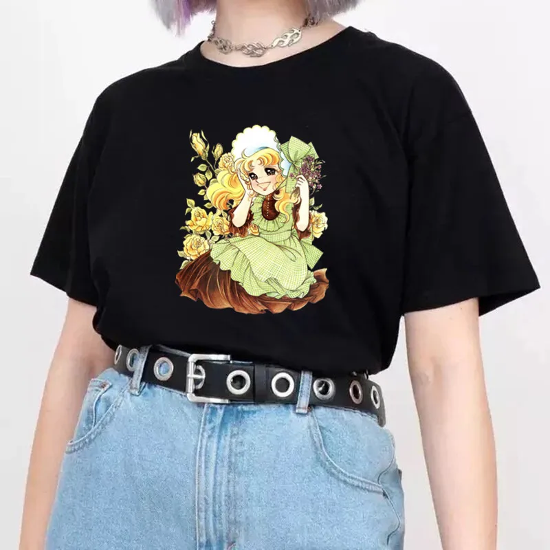 Kawaii Anime Candy Candy T-shirt Women Summer Short Sleeve Cute Black T-shirt Printed Harajuku Tshirt Graphic Tops Tee Female