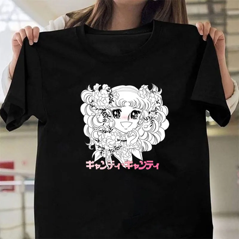 Kawaii Anime Candy Candy T-shirt Women Summer Short Sleeve Cute Black T-shirt Printed Harajuku Tshirt Graphic Tops Tee Female