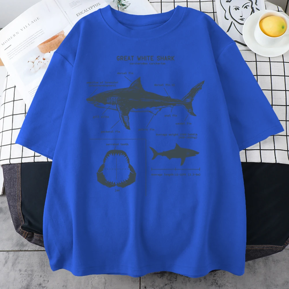 Great White Shark Anatomy T-Shirt New Summer Men Street Short Sleeve Hip Hop Punk Style Boy Casual Tops Oversize White Tees
